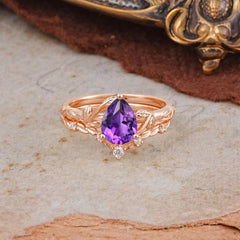 Delicate Twisted Vine Wrapped Prong Pear Cut Amethyst Stackable Rings