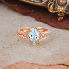 3 Prong Delicate Twisted Vine Wrapped Prong Pear Cut Aquamarine Stackable Rings