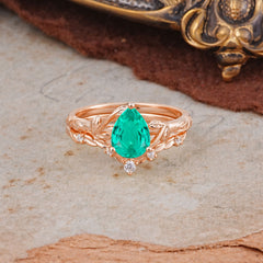 3 Prong Delicate Twisted Vine Wrapped Prong Pear Cut Emerald Stackable Rings