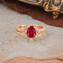 3 Prong Delicate Twisted Vine Wrapped Prong Pear Cut Ruby Stackable Rings