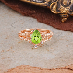 Delicate Twisted Vine Wrapped Prong Pear Cut Peridot Stackable Rings