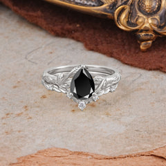 Delicate Twisted Vine Wrapped Prong Pear Cut Black Onyx Stackable Rings