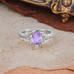 Delicate Twisted Vine Wrapped Prong Pear Cut Amethyst Stackable Rings