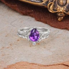 Delicate Twisted Vine Wrapped Prong Pear Cut Amethyst Stackable Rings
