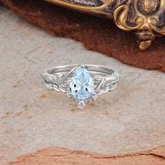 3 Prong Delicate Twisted Vine Wrapped Prong Pear Cut Aquamarine Stackable Rings
