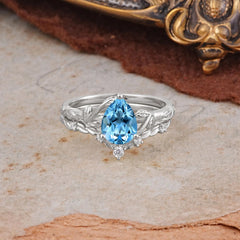 3 Prong Delicate Twisted Vine Wrapped Prong Pear Cut Aquamarine Stackable Rings