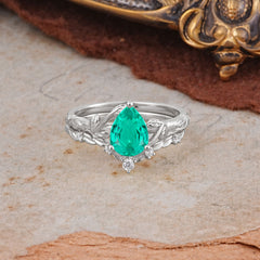 3 Prong Delicate Twisted Vine Wrapped Prong Pear Cut Emerald Stackable Rings