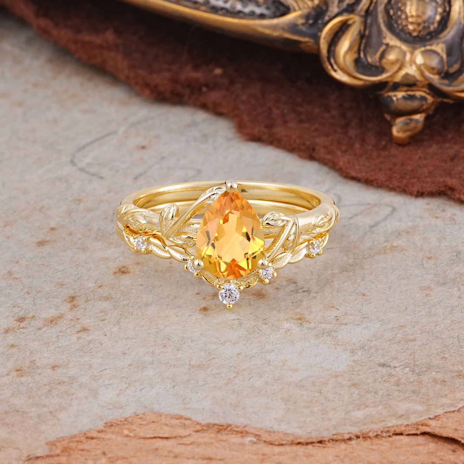 Delicate Twisted Vine Wrapped Prong Pear Cut Citrine Bridal Ring Set