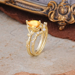 Delicate Twisted Vine Wrapped Prong Pear Cut Citrine Stackable Rings