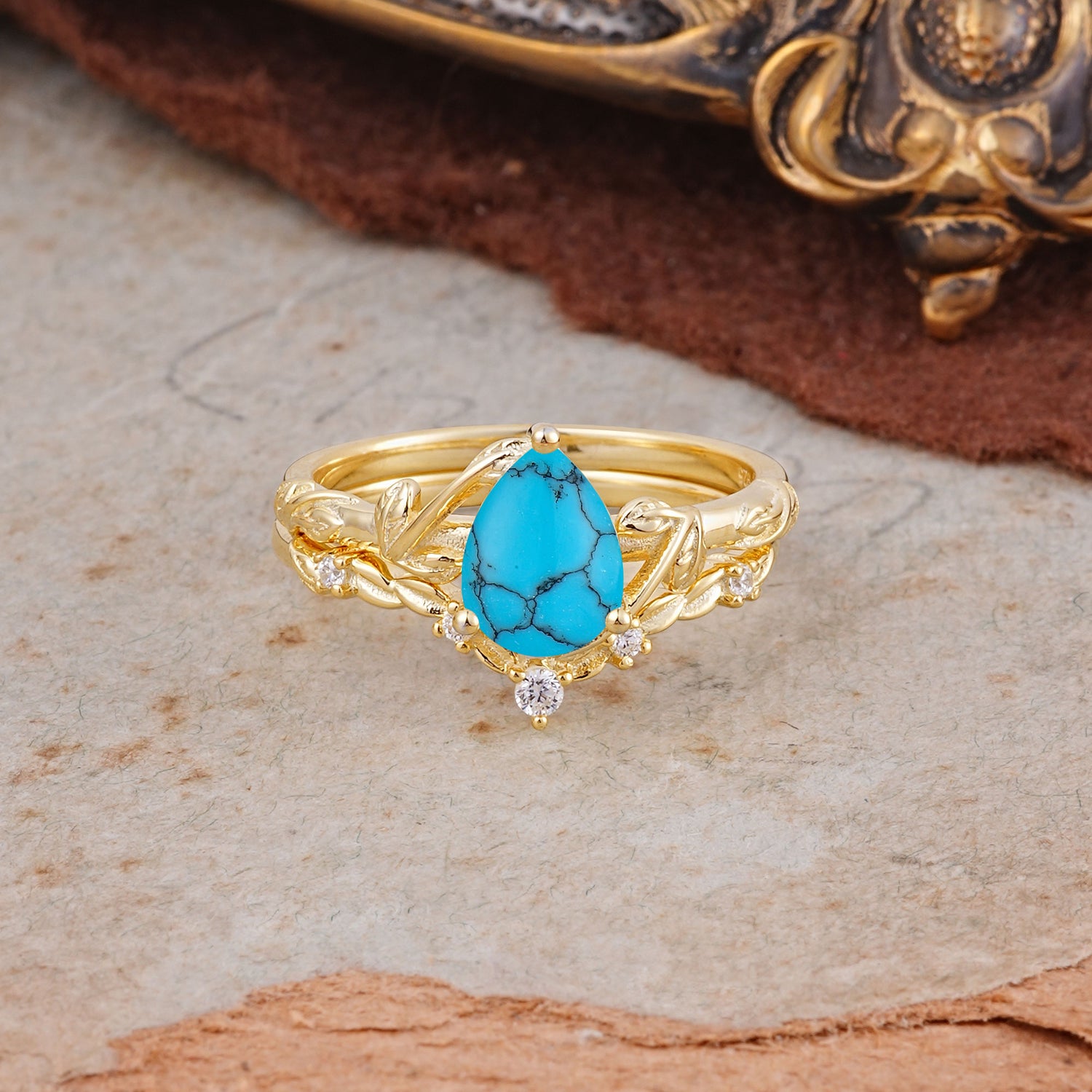 3 Prong Delicate Twisted Vine Wrapped Prong Pear Cut Turquoise Bridal Ring Set
