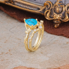 3 Prong Delicate Twisted Vine Wrapped Prong Pear Cut Turquoise Stackable Rings