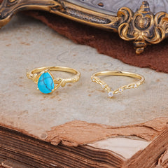 3 Prong Delicate Twisted Vine Wrapped Prong Pear Cut Turquoise Stackable Rings