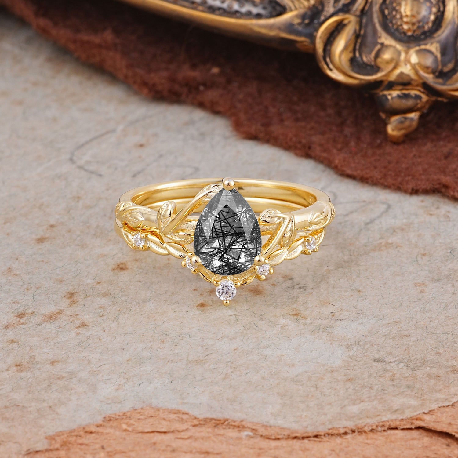 Delicate Twisted Vine Wrapped Prong Pear Cut Black Rutilated Quartz Bridal Ring Set