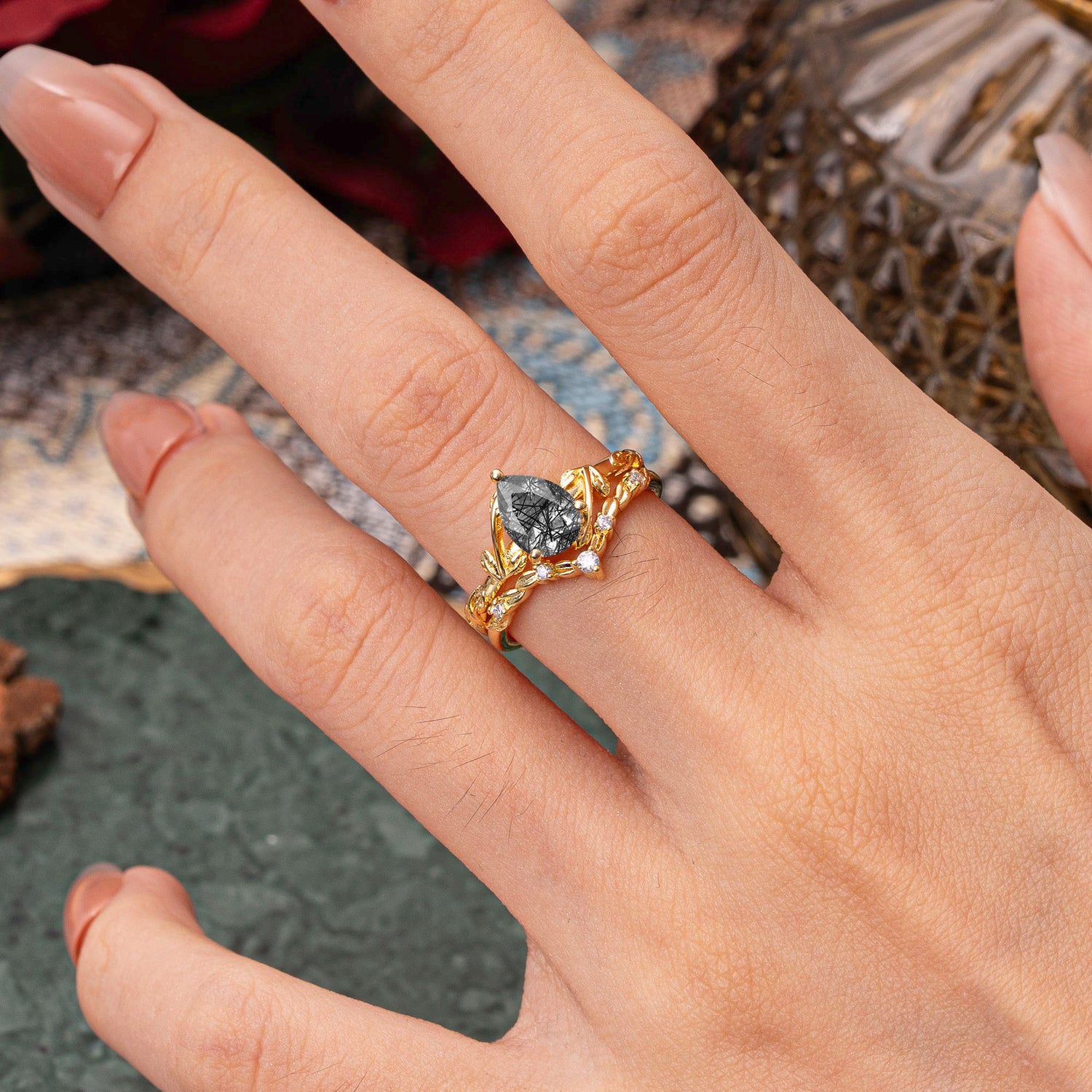 Delicate Twisted Vine Wrapped Prong Pear Cut Black Rutilated Quartz Bridal Ring Set