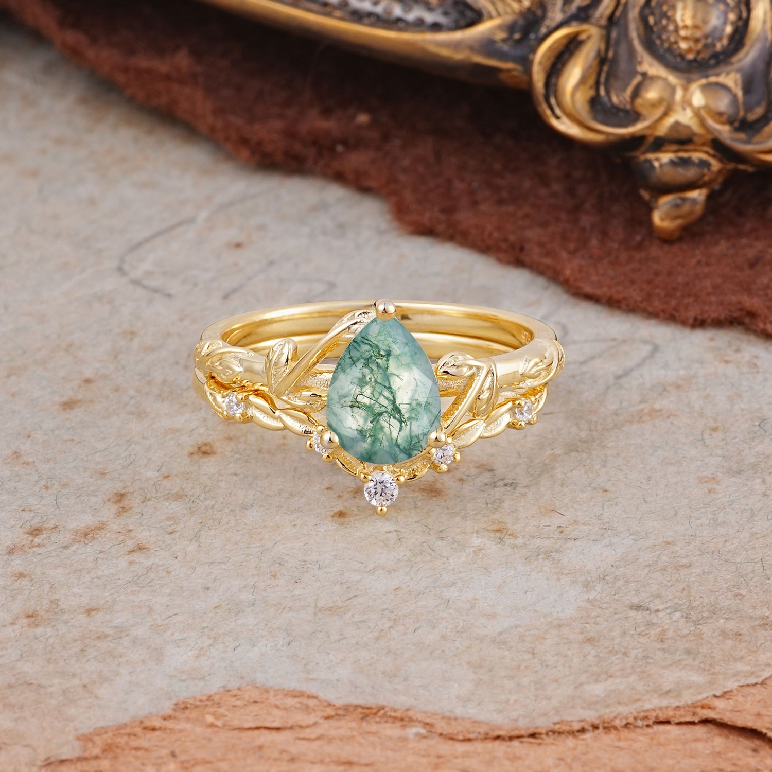 3 Prong Delicate Twisted Vine Wrapped Prong Pear Cut Natural Moss Agate Bridal Ring Set