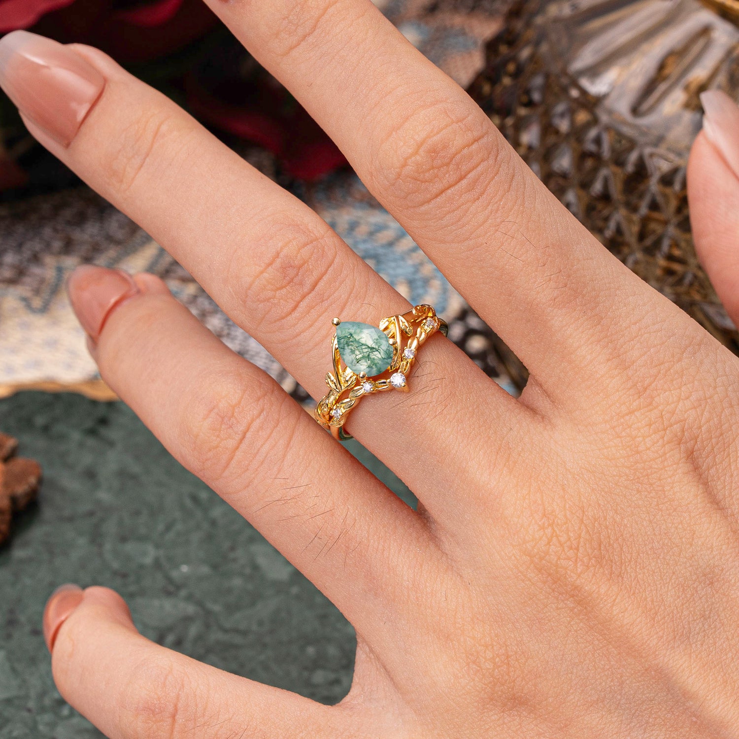 3 Prong Delicate Twisted Vine Wrapped Prong Pear Cut Natural Moss Agate Bridal Ring Set
