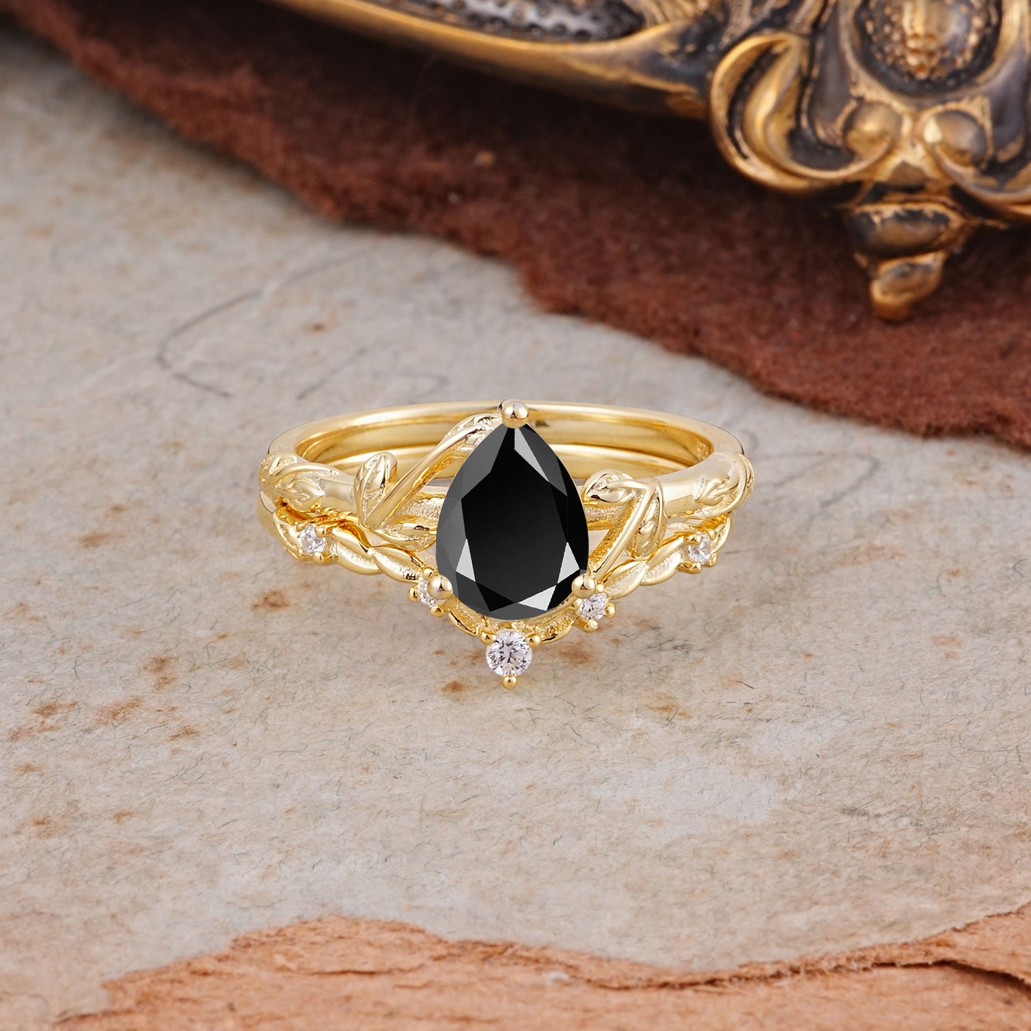 Delicate Twisted Vine Wrapped Prong Pear Cut Black Onyx Bridal Ring Set