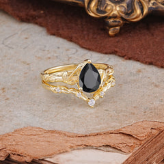 Delicate Twisted Vine Wrapped Prong Pear Cut Black Onyx Stackable Rings