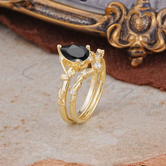 Delicate Twisted Vine Wrapped Prong Pear Cut Black Onyx Stackable Rings