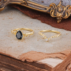 Delicate Twisted Vine Wrapped Prong Pear Cut Black Onyx Stackable Rings