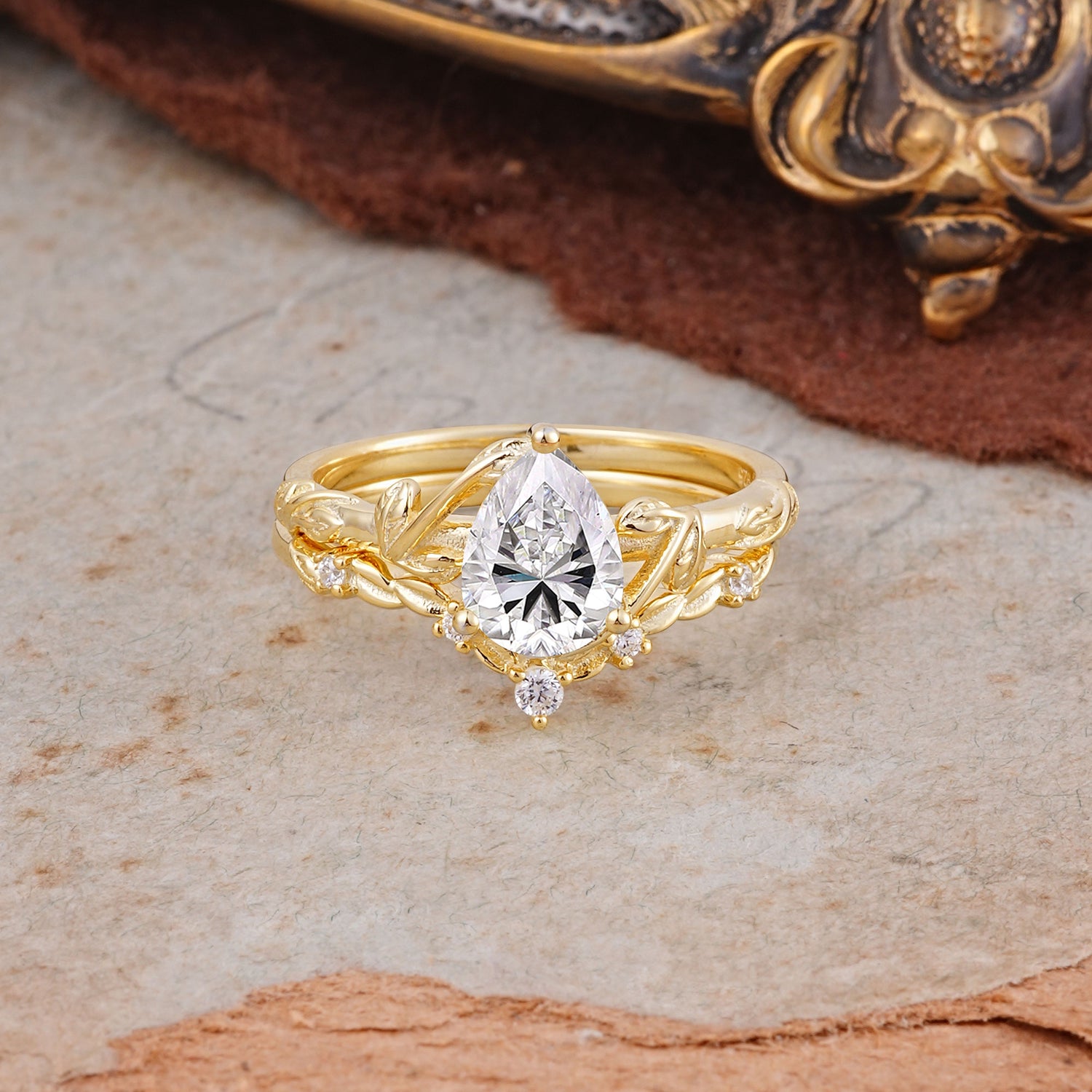 3 Prong Delicate Twisted Vine Wrapped Prong Pear Cut Lab Diamond Bridal Ring Set
