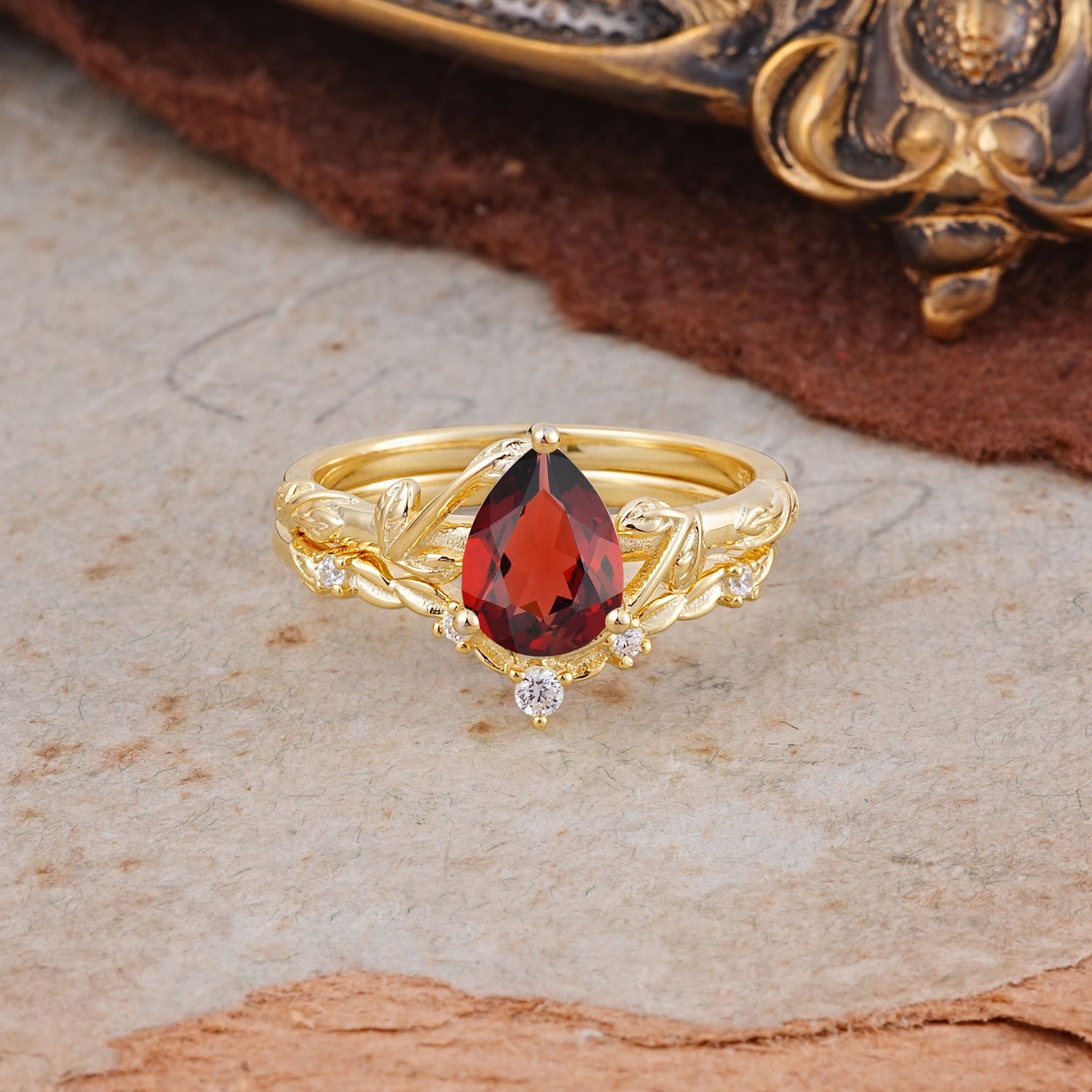 Delicate Twisted Vine Wrapped Prong Pear Cut Garnet Bridal Ring Set