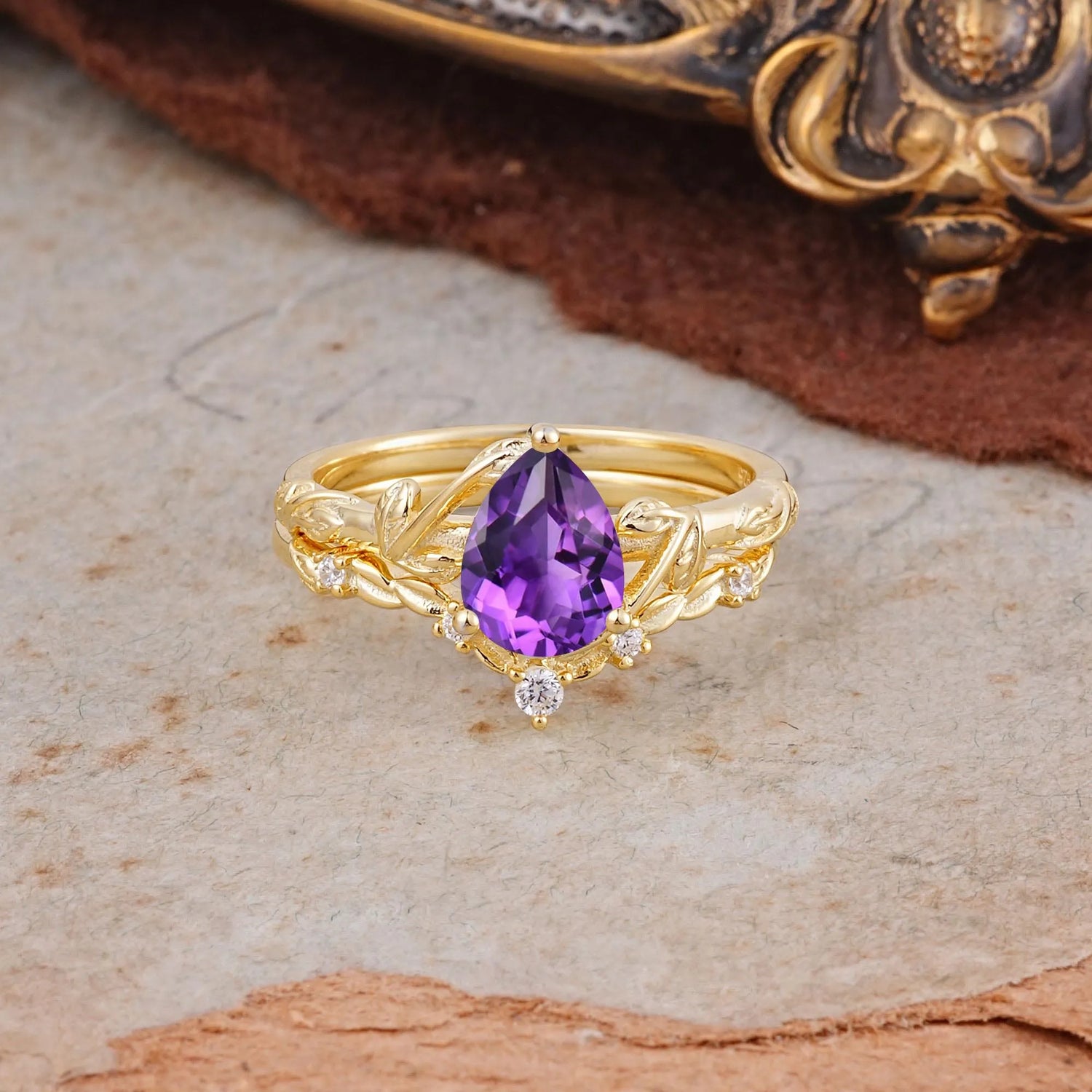 Delicate Twisted Vine Wrapped Prong Pear Cut Amethyst Bridal Ring Set