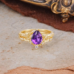 Delicate Twisted Vine Wrapped Prong Pear Cut Amethyst Stackable Rings