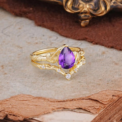 Delicate Twisted Vine Wrapped Prong Pear Cut Amethyst Stackable Rings