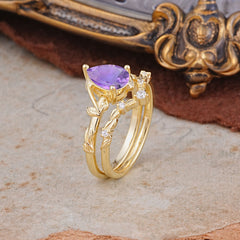 Delicate Twisted Vine Wrapped Prong Pear Cut Amethyst Stackable Rings