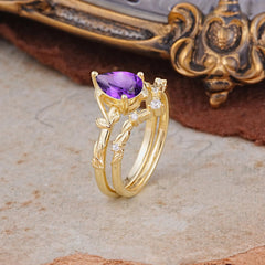Delicate Twisted Vine Wrapped Prong Pear Cut Amethyst Stackable Rings
