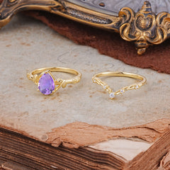 Delicate Twisted Vine Wrapped Prong Pear Cut Amethyst Stackable Rings
