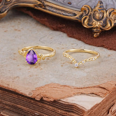 Delicate Twisted Vine Wrapped Prong Pear Cut Amethyst Stackable Rings
