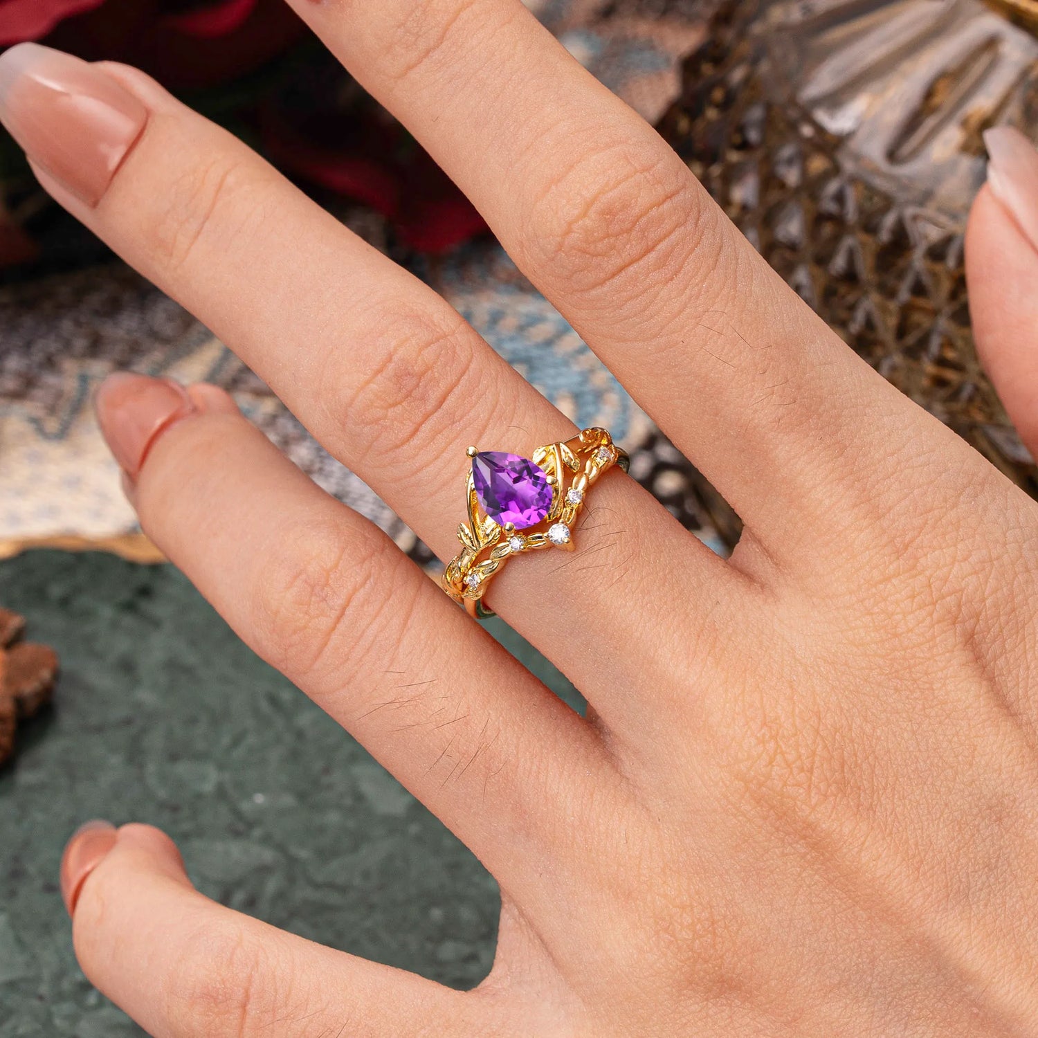 Delicate Twisted Vine Wrapped Prong Pear Cut Amethyst Bridal Ring Set