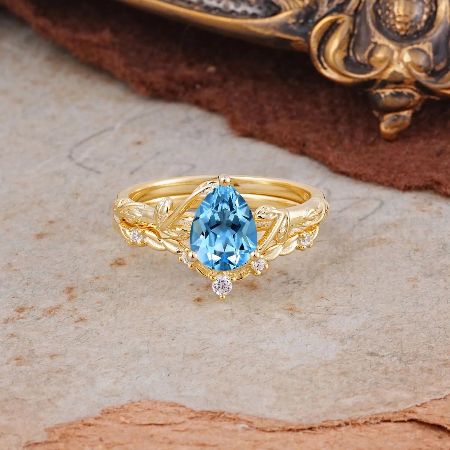 3 Prong Delicate Twisted Vine Wrapped Prong Pear Cut Aquamarine Bridal Ring Set