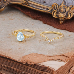 3 Prong Delicate Twisted Vine Wrapped Prong Pear Cut Aquamarine Stackable Rings