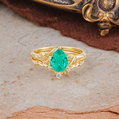 3 Prong Delicate Twisted Vine Wrapped Prong Pear Cut Emerald Stackable Rings