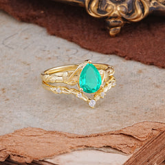 3 Prong Delicate Twisted Vine Wrapped Prong Pear Cut Emerald Stackable Rings