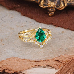 3 Prong Delicate Twisted Vine Wrapped Prong Pear Cut Emerald Stackable Rings