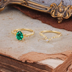 3 Prong Delicate Twisted Vine Wrapped Prong Pear Cut Emerald Stackable Rings