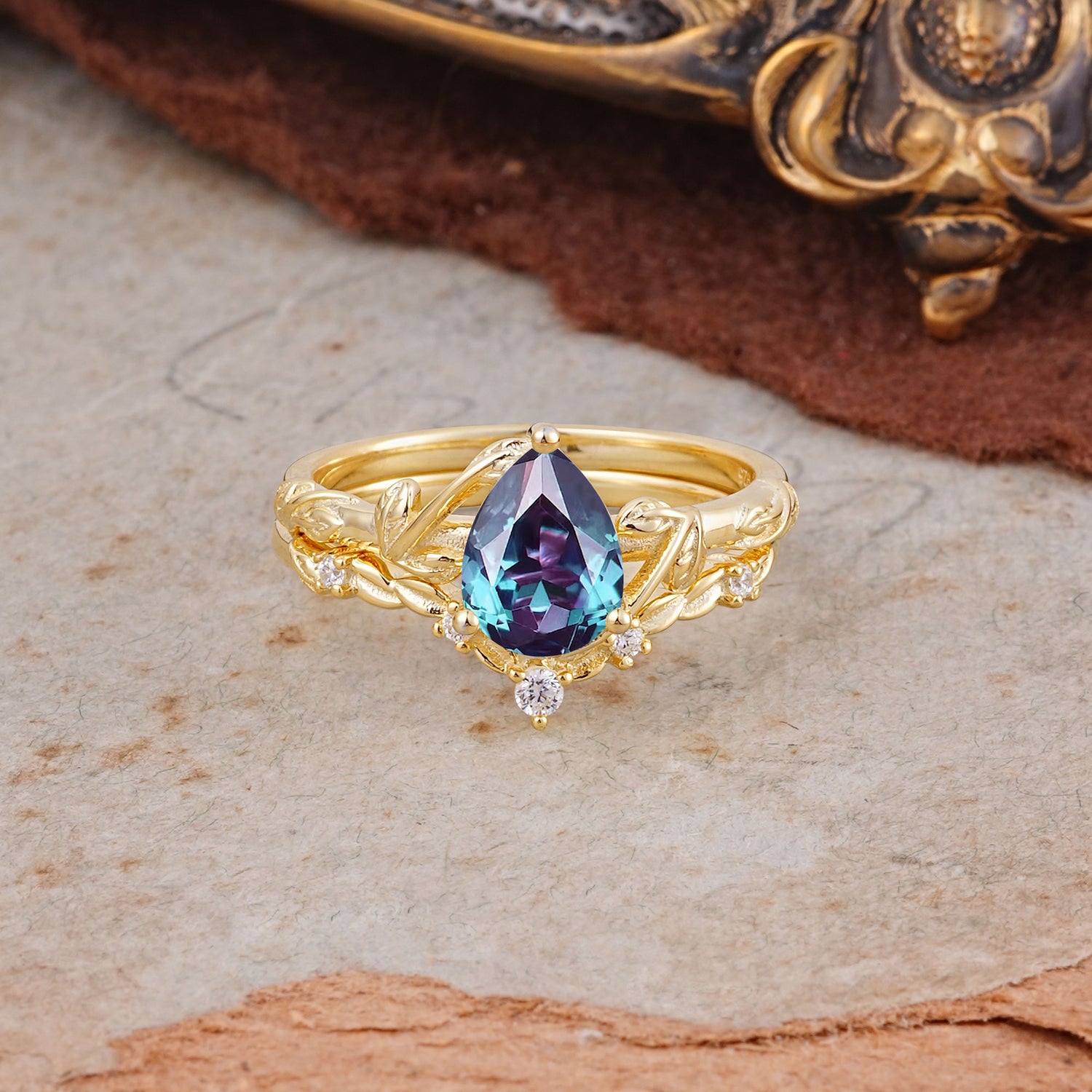 3 Prong Delicate Twisted Vine Wrapped Prong Pear Cut Alexandrite Bridal Ring Set