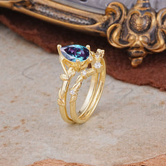3 Prong Delicate Twisted Vine Wrapped Prong Pear Cut Alexandrite Stackable Rings