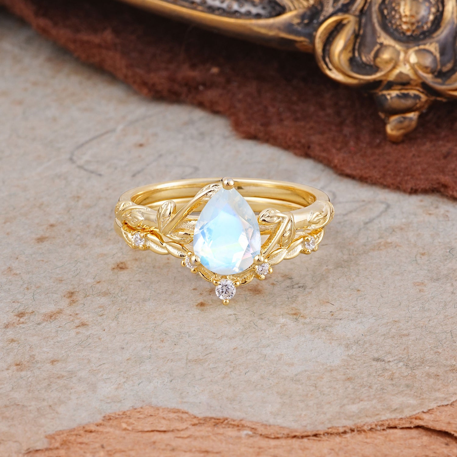 Delicate Twisted Vine Wrapped Prong Pear Cut Moonstone Bridal Ring Set