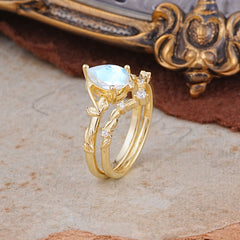 Delicate Twisted Vine Wrapped Prong Pear Cut Moonstone Stackable Rings
