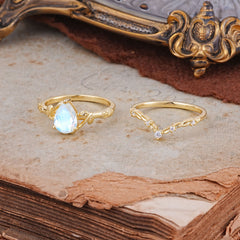 Delicate Twisted Vine Wrapped Prong Pear Cut Moonstone Stackable Rings