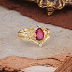 3 Prong Delicate Twisted Vine Wrapped Prong Pear Cut Ruby Stackable Rings