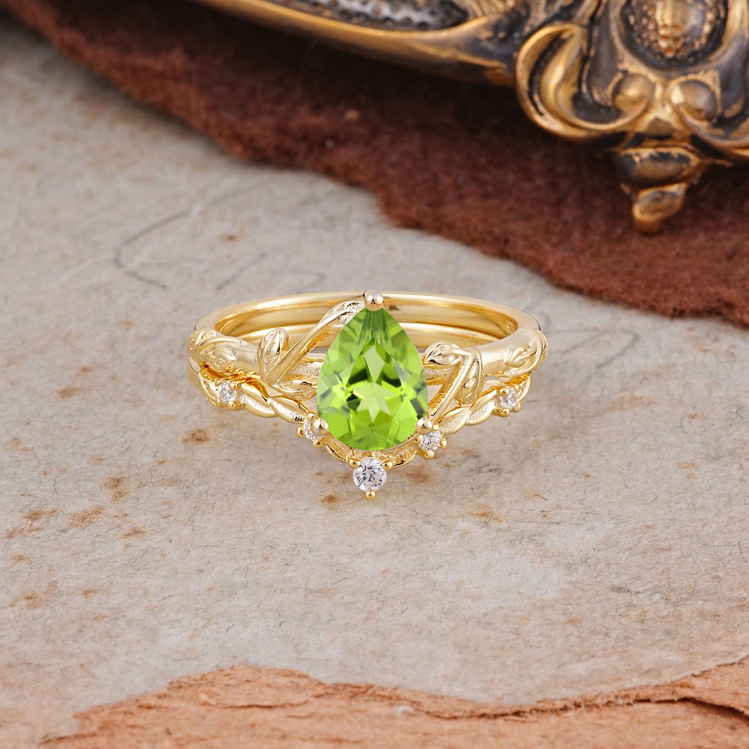 Delicate Twisted Vine Wrapped Prong Pear Cut Peridot Bridal Ring Set