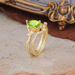 Delicate Twisted Vine Wrapped Prong Pear Cut Peridot Stackable Rings