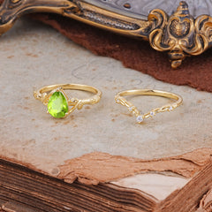 Delicate Twisted Vine Wrapped Prong Pear Cut Peridot Stackable Rings