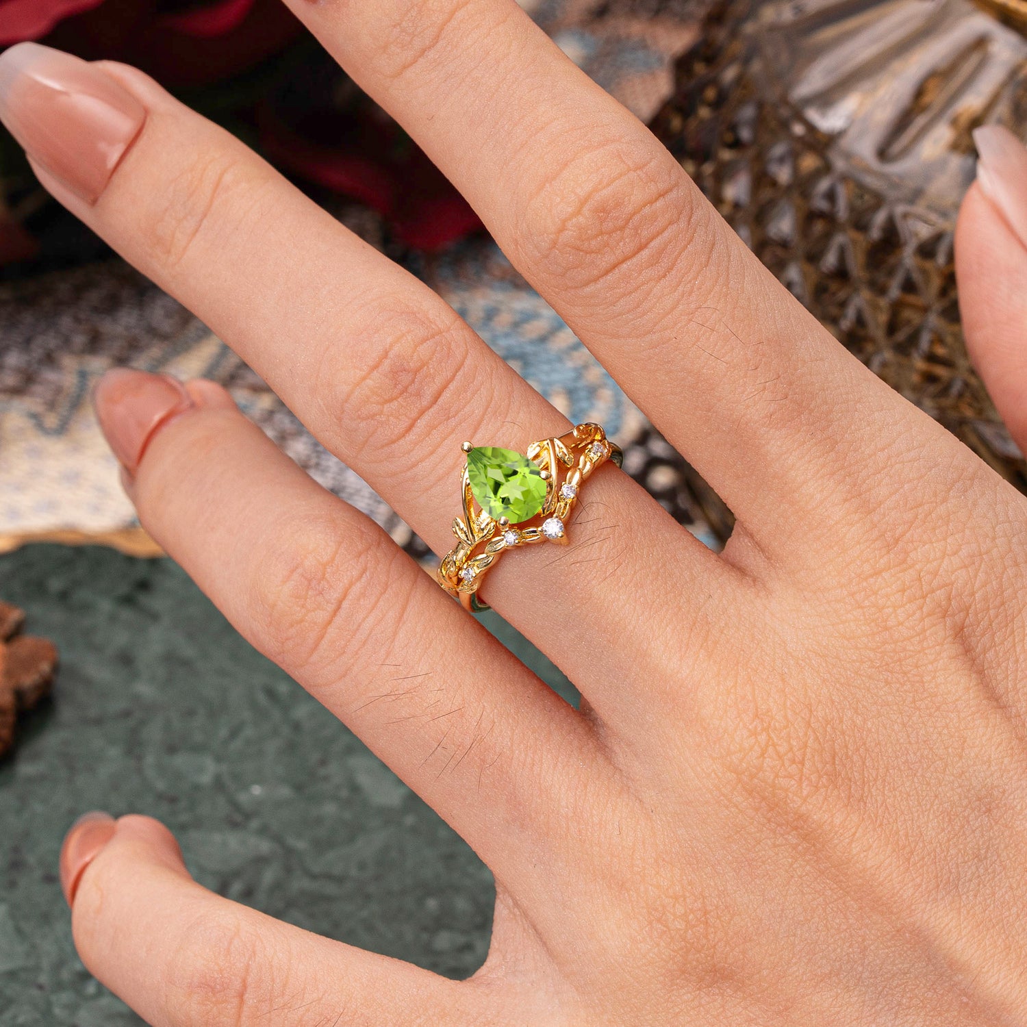 Delicate Twisted Vine Wrapped Prong Pear Cut Peridot Bridal Ring Set